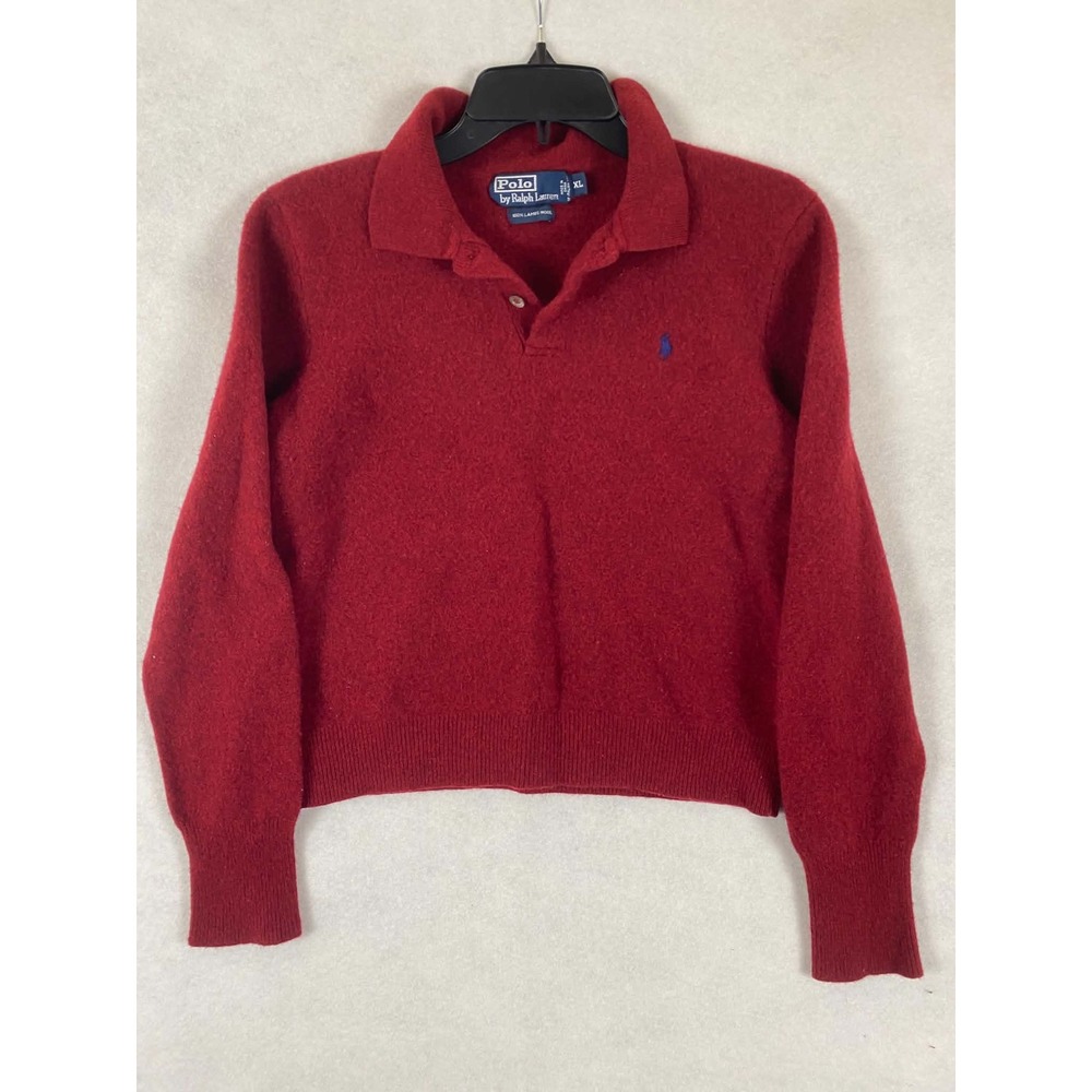 Vintage Polo Ralph Lauren Kids XL Red 100% Lambswool Sweater Blue Pony Logo